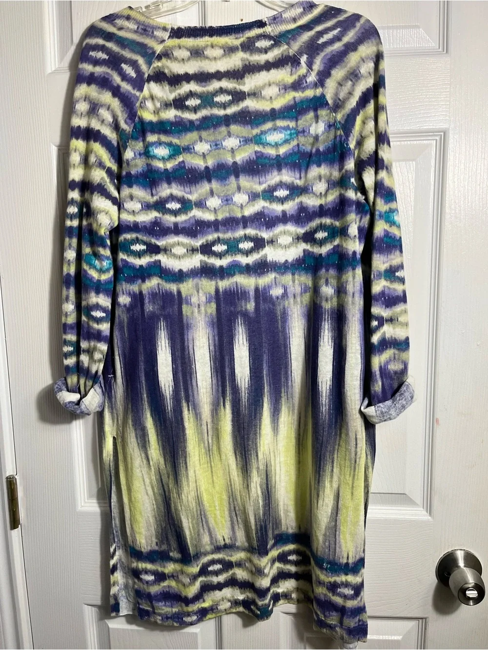 Chicos Linen Cardigan in Purple, Blue & Yellow 1